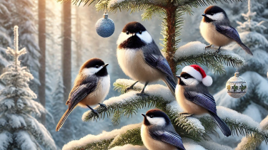 Black capped chickadees perched on a snowy fir tree in winter with one chickadee wearing a Santa hat.